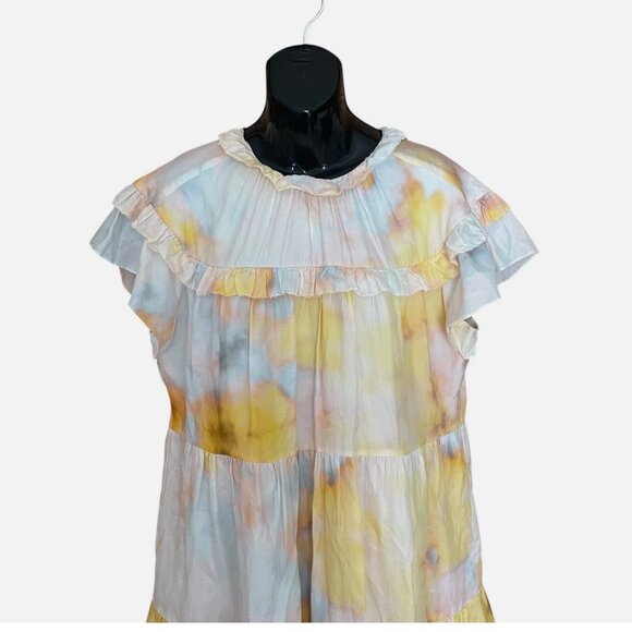 Marie Oliver Silk Blend Watercolor Flutter Sleeve Tiered Dress Women's size L - Picture 3 of 9